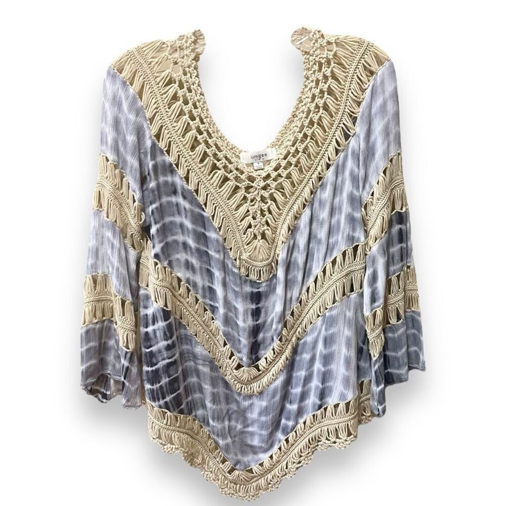Umgee Gray Tie Dye Crochet Top Sz M Long Bell Sleeve Tunic Bohemian Festival